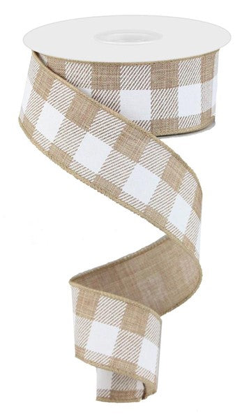 1.5" x 10 yard striped check on royal tan/white