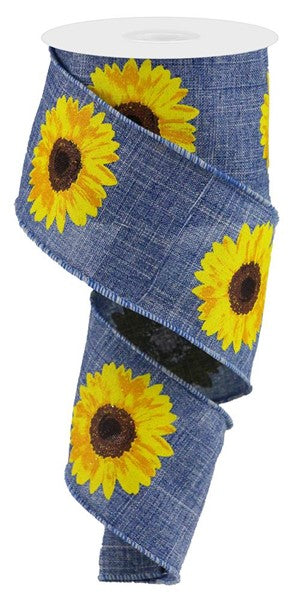 2.5" x 10 yard Bold sunflower on royal denim/yellow/orange/brown ,