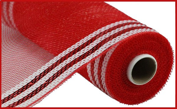 10.25"X 10 yd Border Stripe Metallic Mesh Red/White