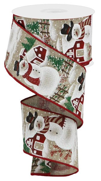 2.5"X 10 yd Iridescent Snowman On Royal Beige/Brown/Red/White
