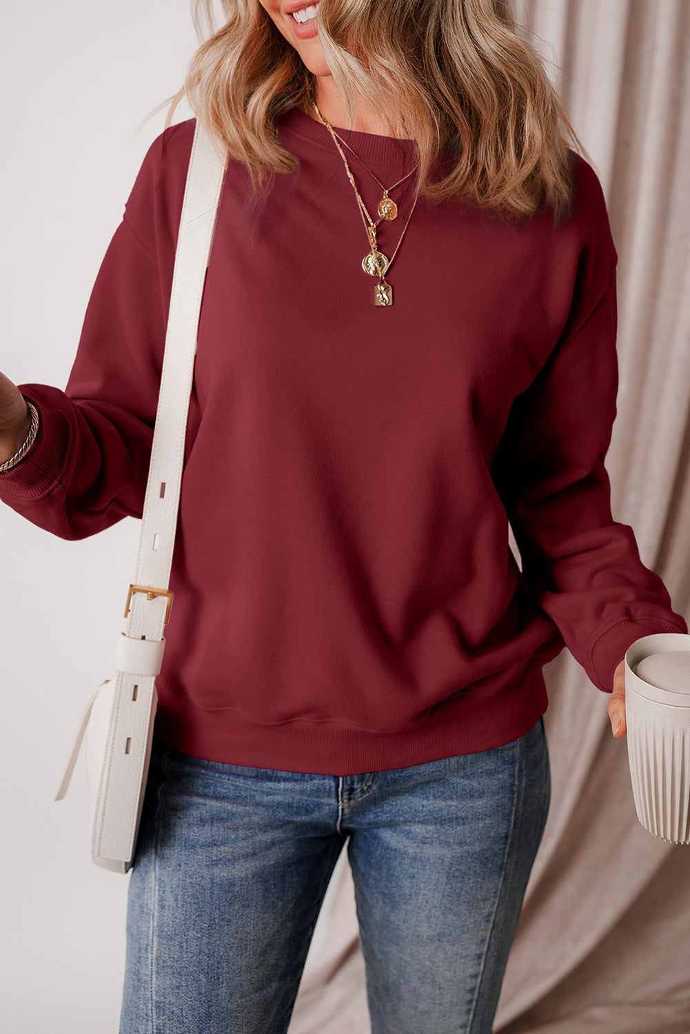 Gray Solid Fleece Lined Drop Shoulder Terry Sweatshirt