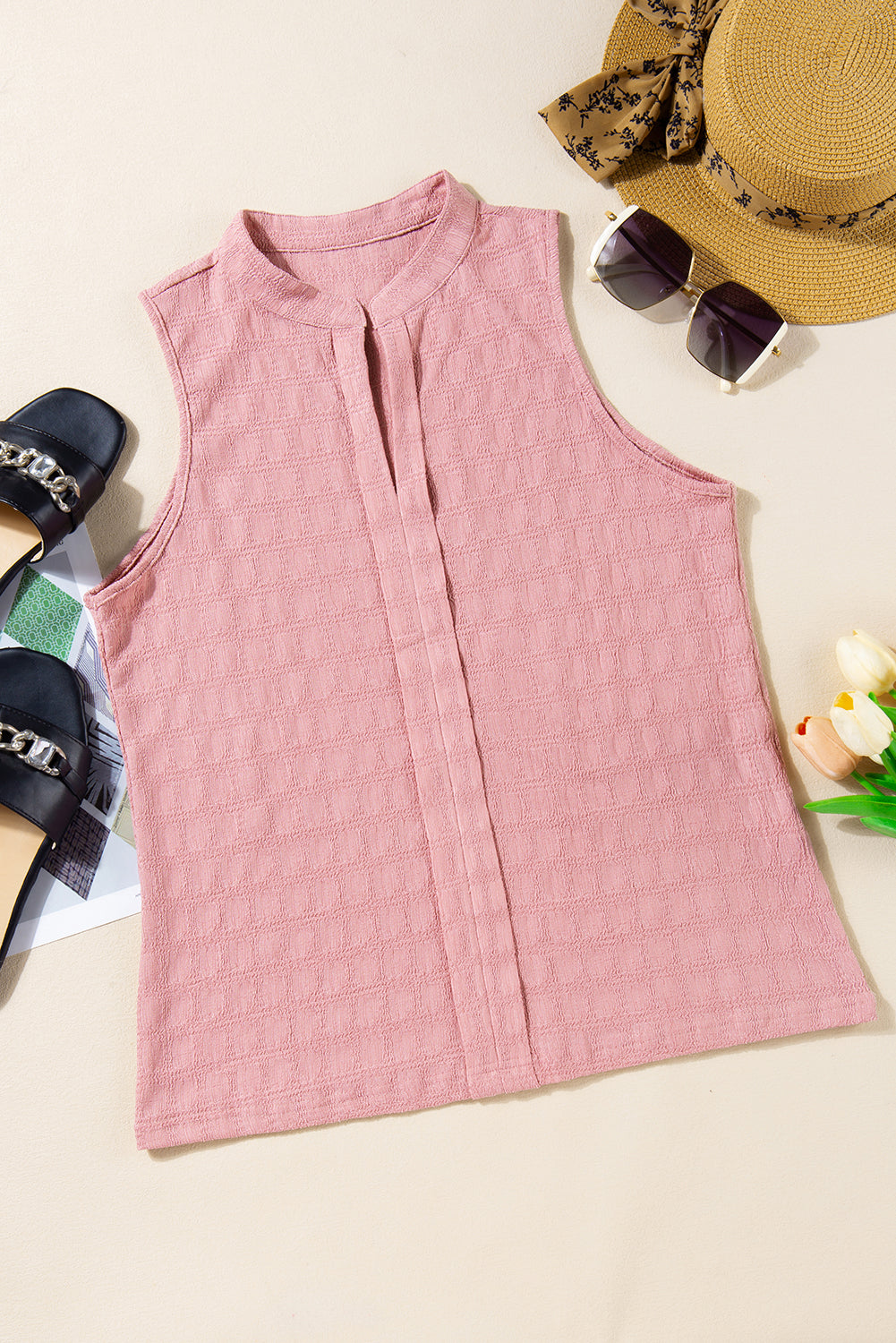 Sea Green Lattice Textured Split Neck Tank Top