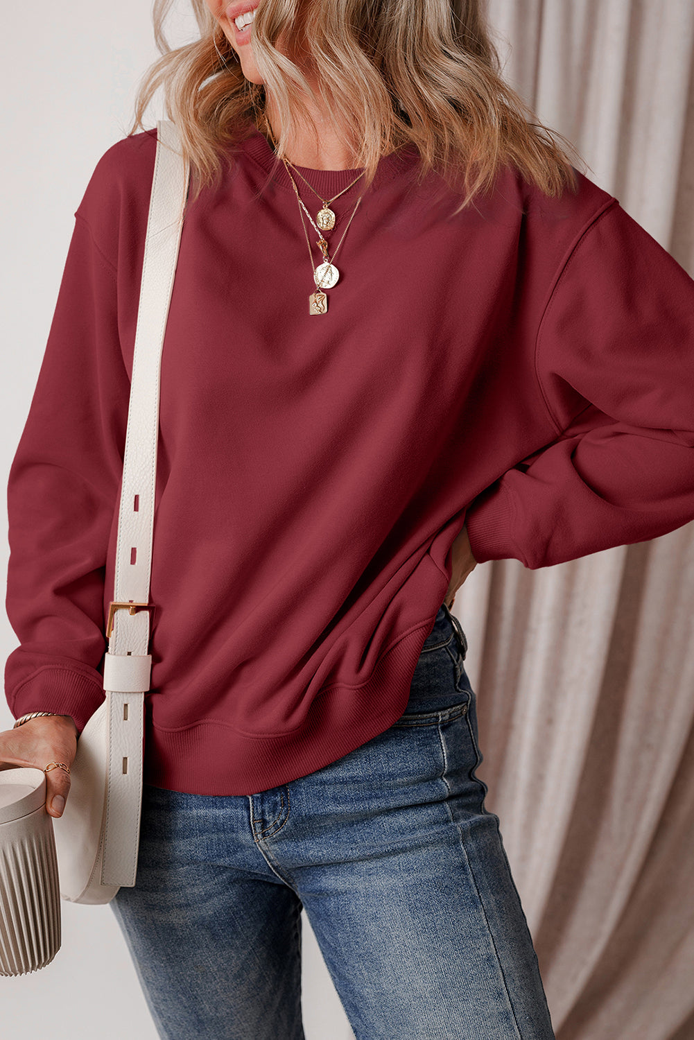 Gray Solid Fleece Lined Drop Shoulder Terry Sweatshirt