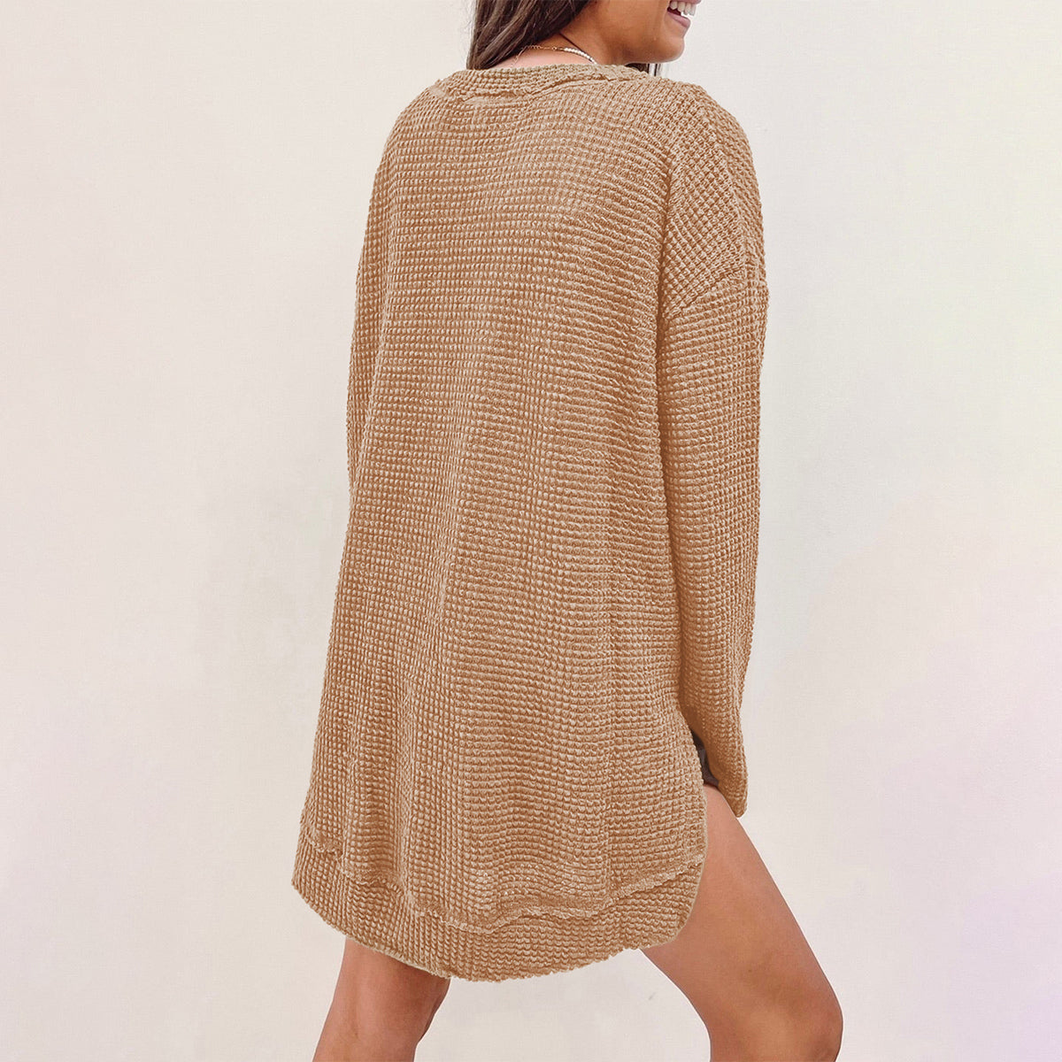 Gray Waffle Knit High Slits Oversized Top
