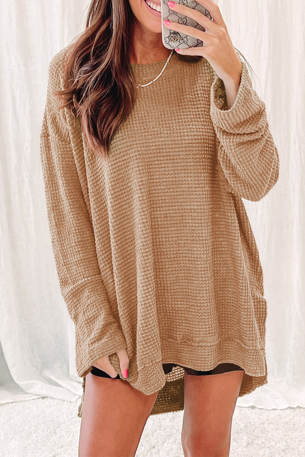 Gray Waffle Knit High Slits Oversized Top