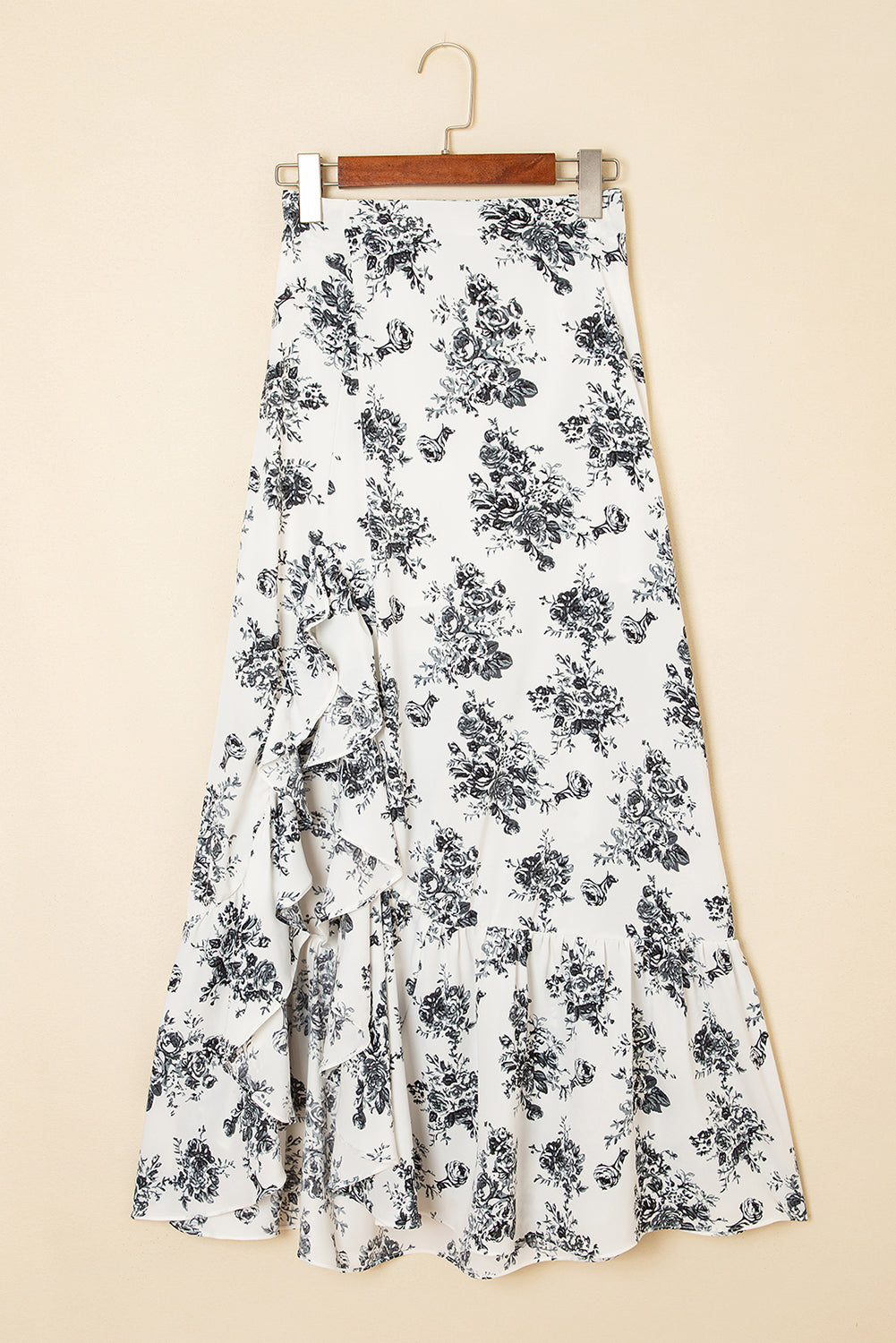 Sky Blue Boho Floral High Waist Ruffle Split Maxi Skirt