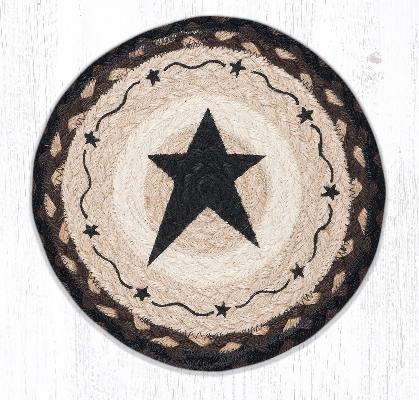 10" Round Printed Trivet with Primitive Star Black Design