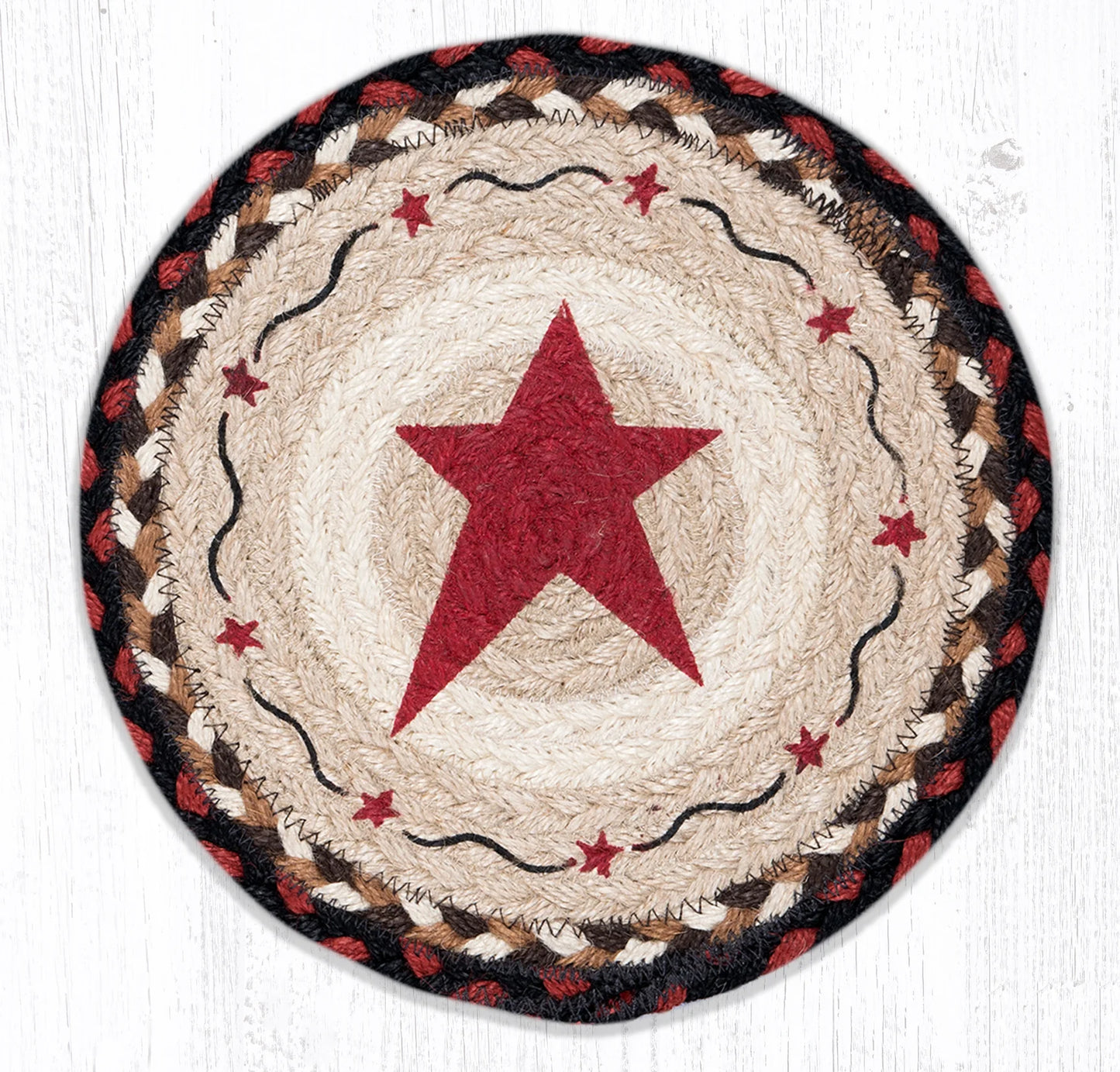 10" Round Printed Trivet with Primitive Star Burgundy Design