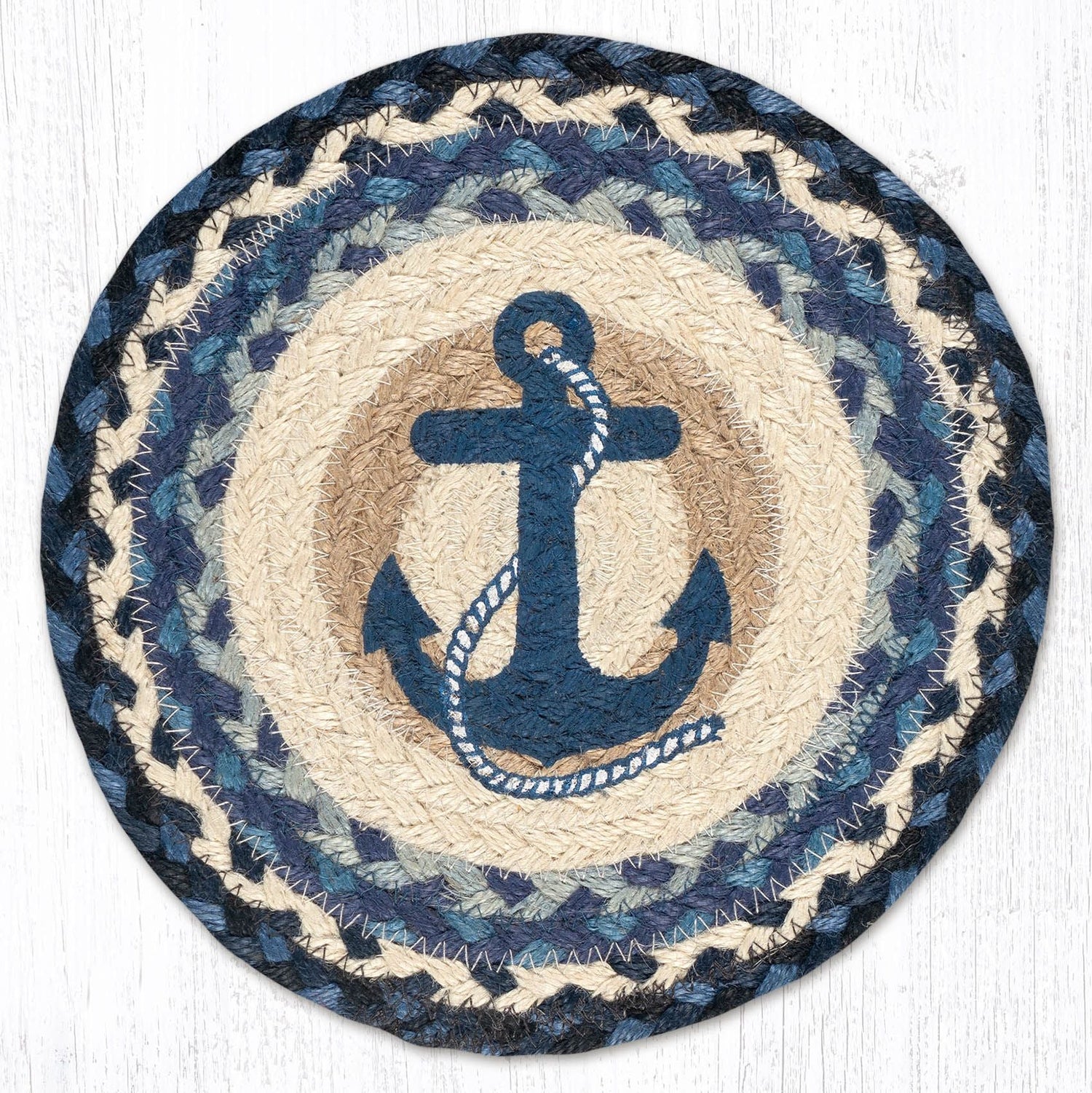 10" Round Printed Trivet with Navy Anchor Design