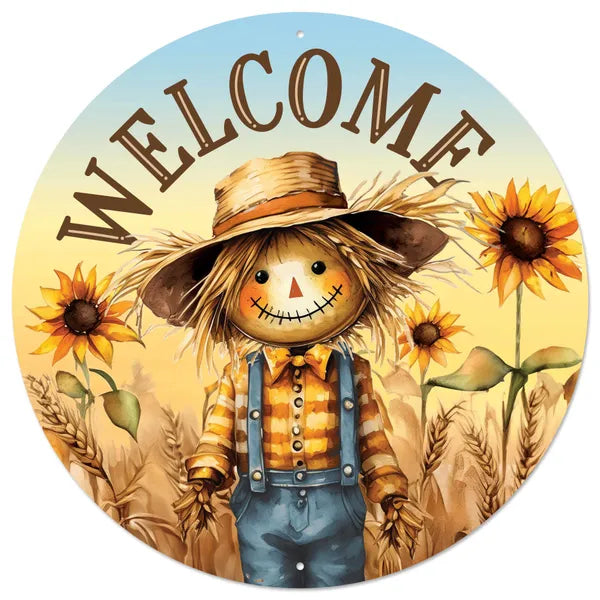 12"Dia Metal Welcome W/Scarecrow Sign