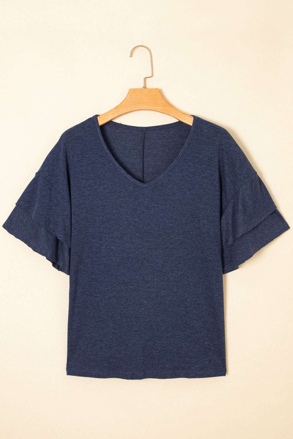 Black Solid Colour V-Neck Double Layer Sleeve Loose T-Shirt