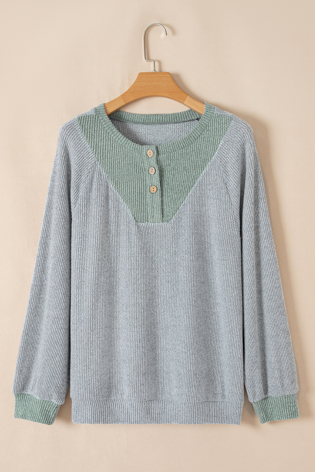 Jet Stream Color Contrast Ribbed Loose Fit Long Sleeve Top