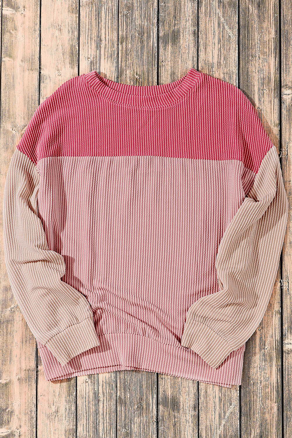 Khaki Color Block Long Sleeve Ribbed Loose Top