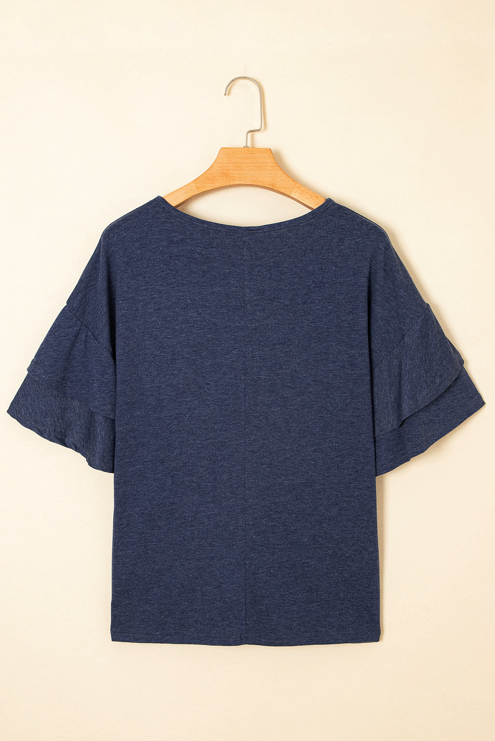 Black Solid Colour V-Neck Double Layer Sleeve Loose T-Shirt