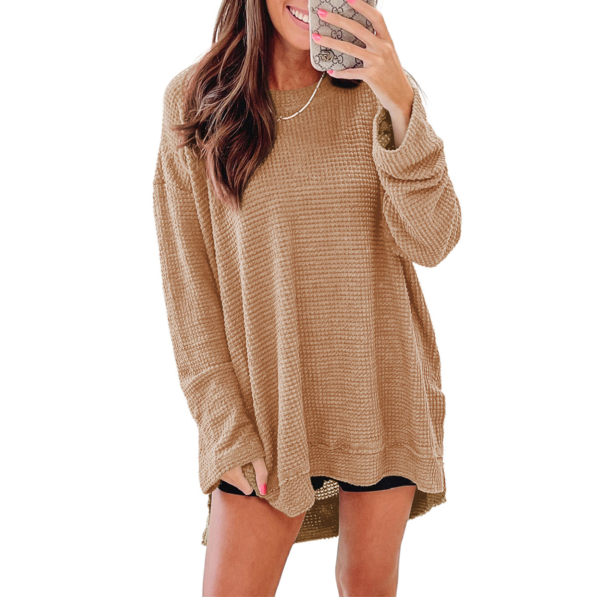 Gray Waffle Knit High Slits Oversized Top