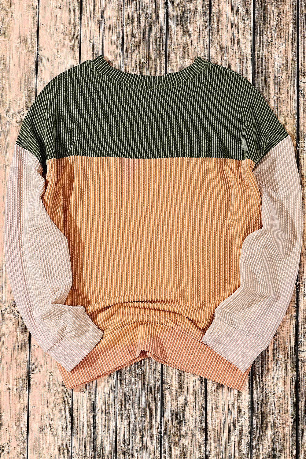 Khaki Color Block Long Sleeve Ribbed Loose Top