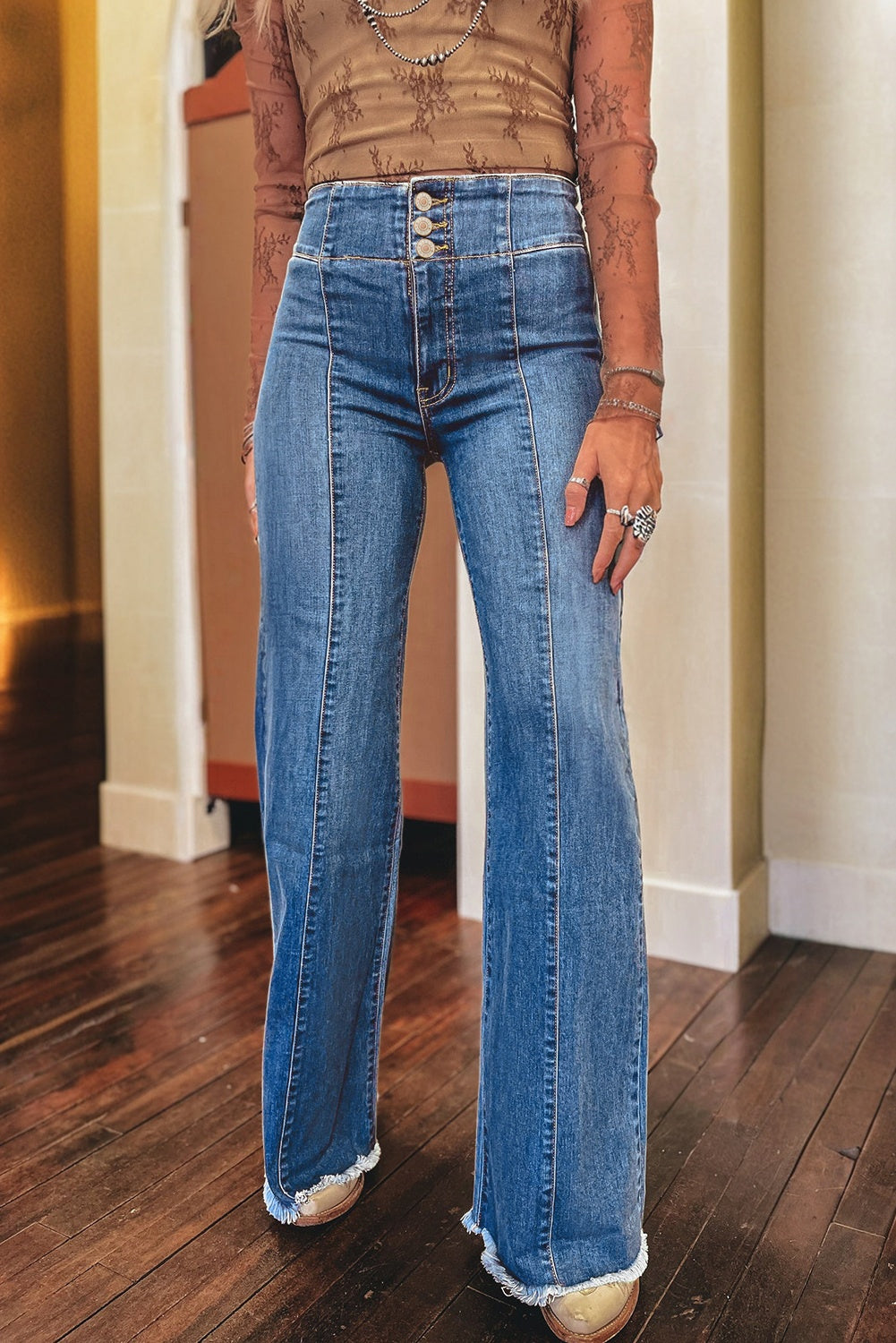 Sail Blue High Waist Button Fly Seamed Raw Hem Flare Jeans