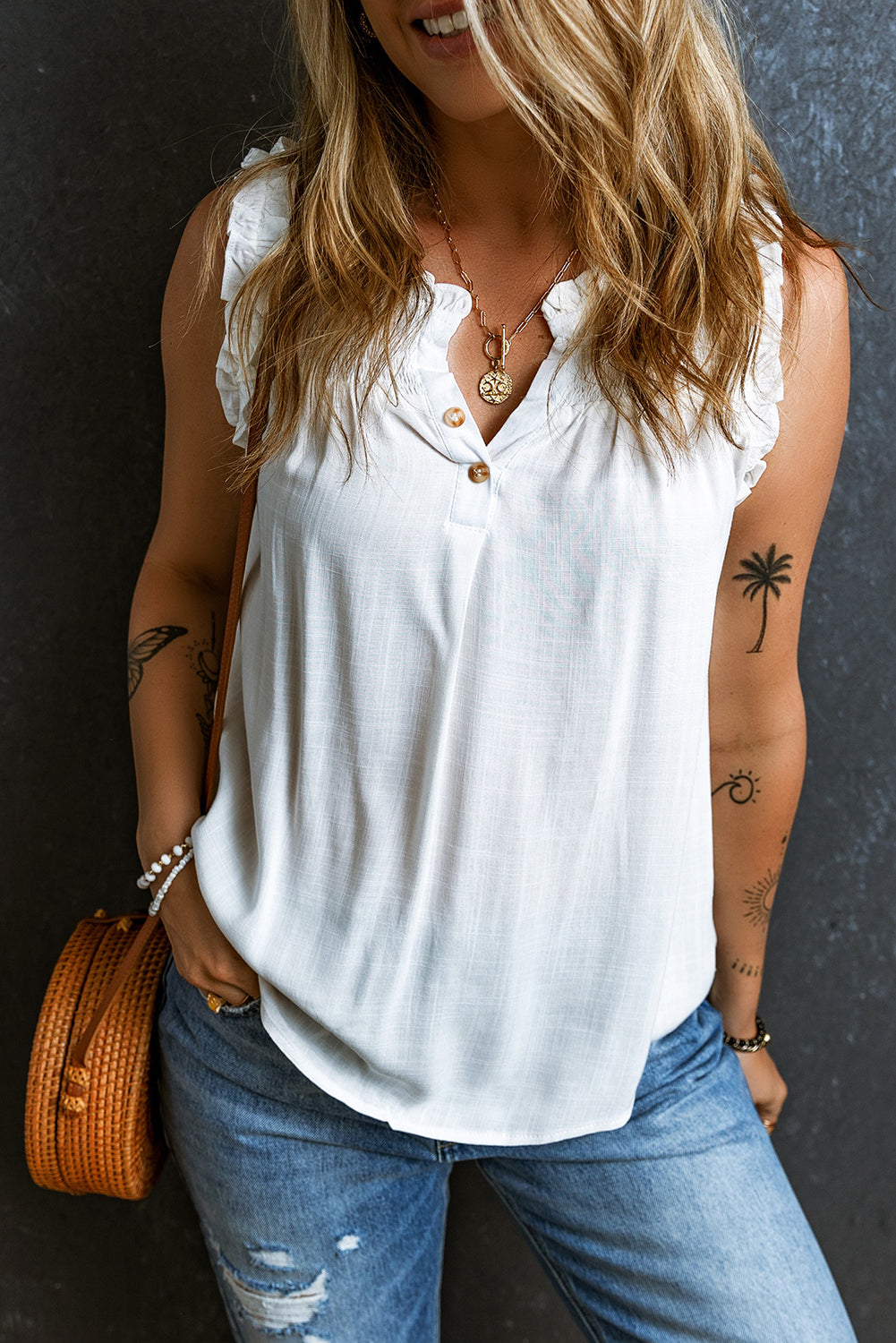 Black Button Split Neck Ruffled Trim Tank Top