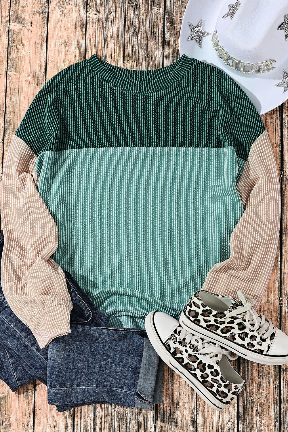 Khaki Color Block Long Sleeve Ribbed Loose Top