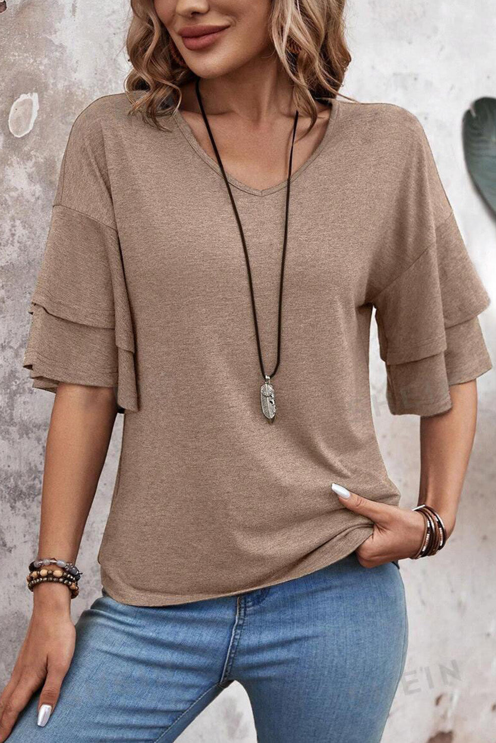 Black Solid Colour V-Neck Double Layer Sleeve Loose T-Shirt