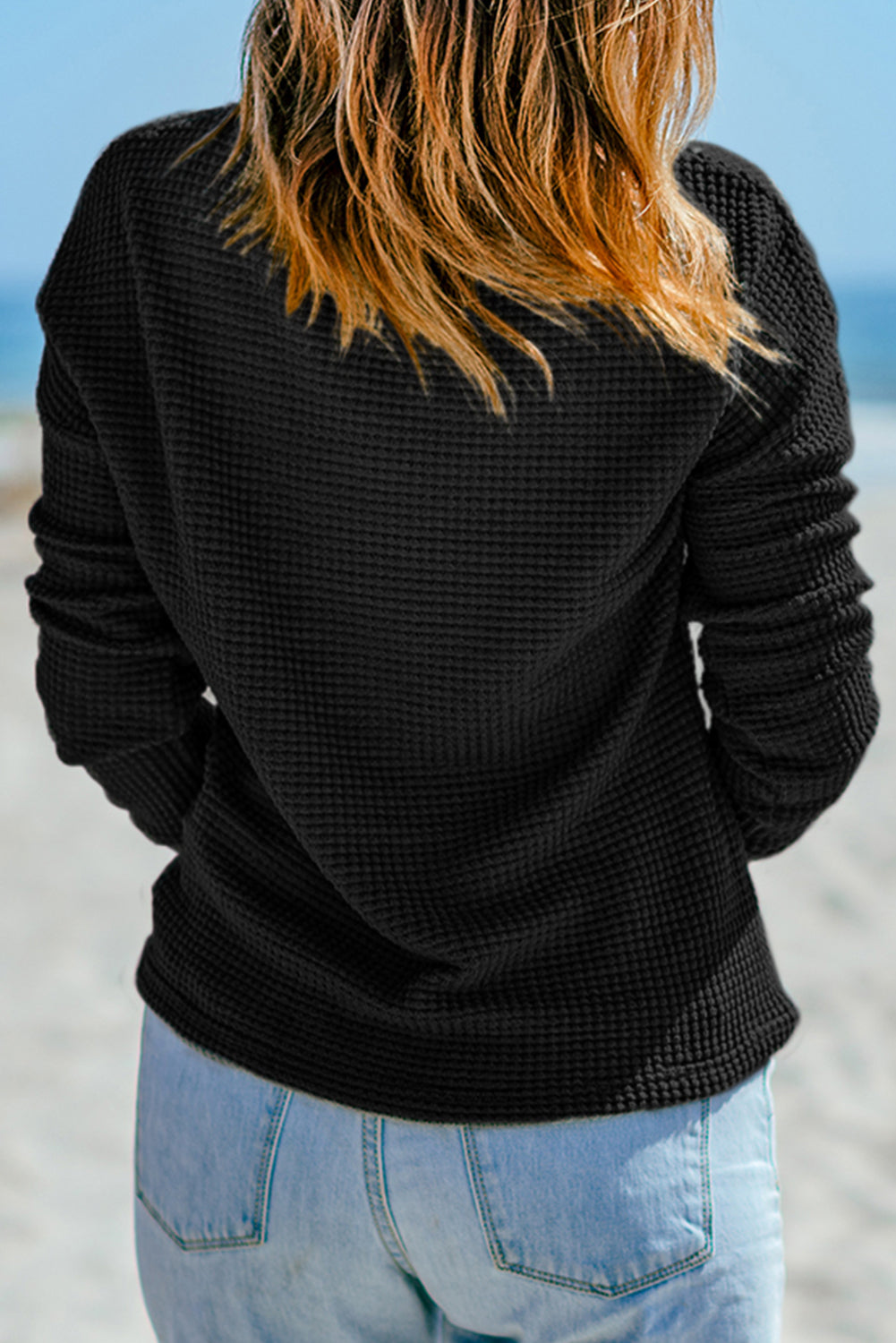 Dark Brown Waffle Knit Drop Shoulder Long Sleeve Top