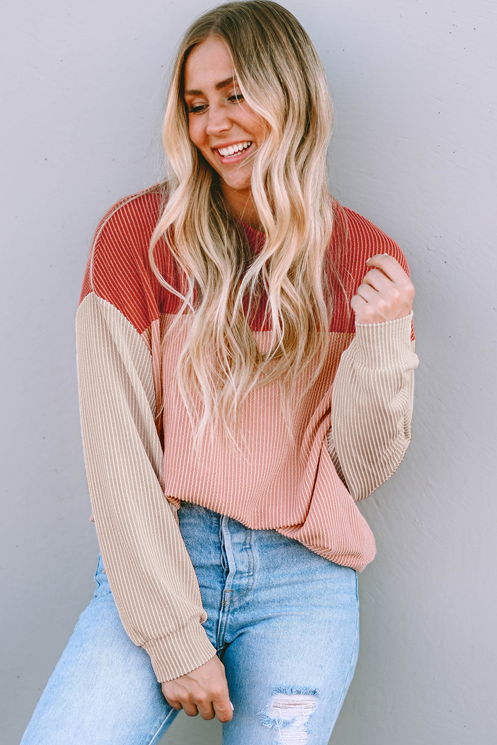 Khaki Color Block Long Sleeve Ribbed Loose Top
