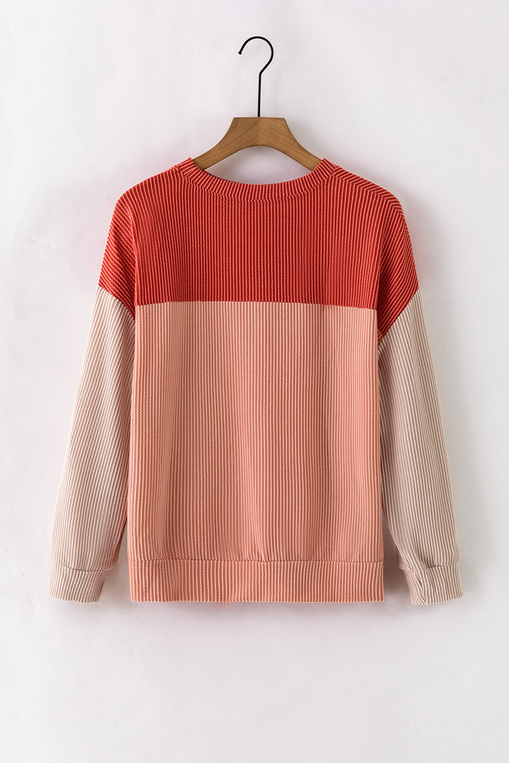 Khaki Color Block Long Sleeve Ribbed Loose Top