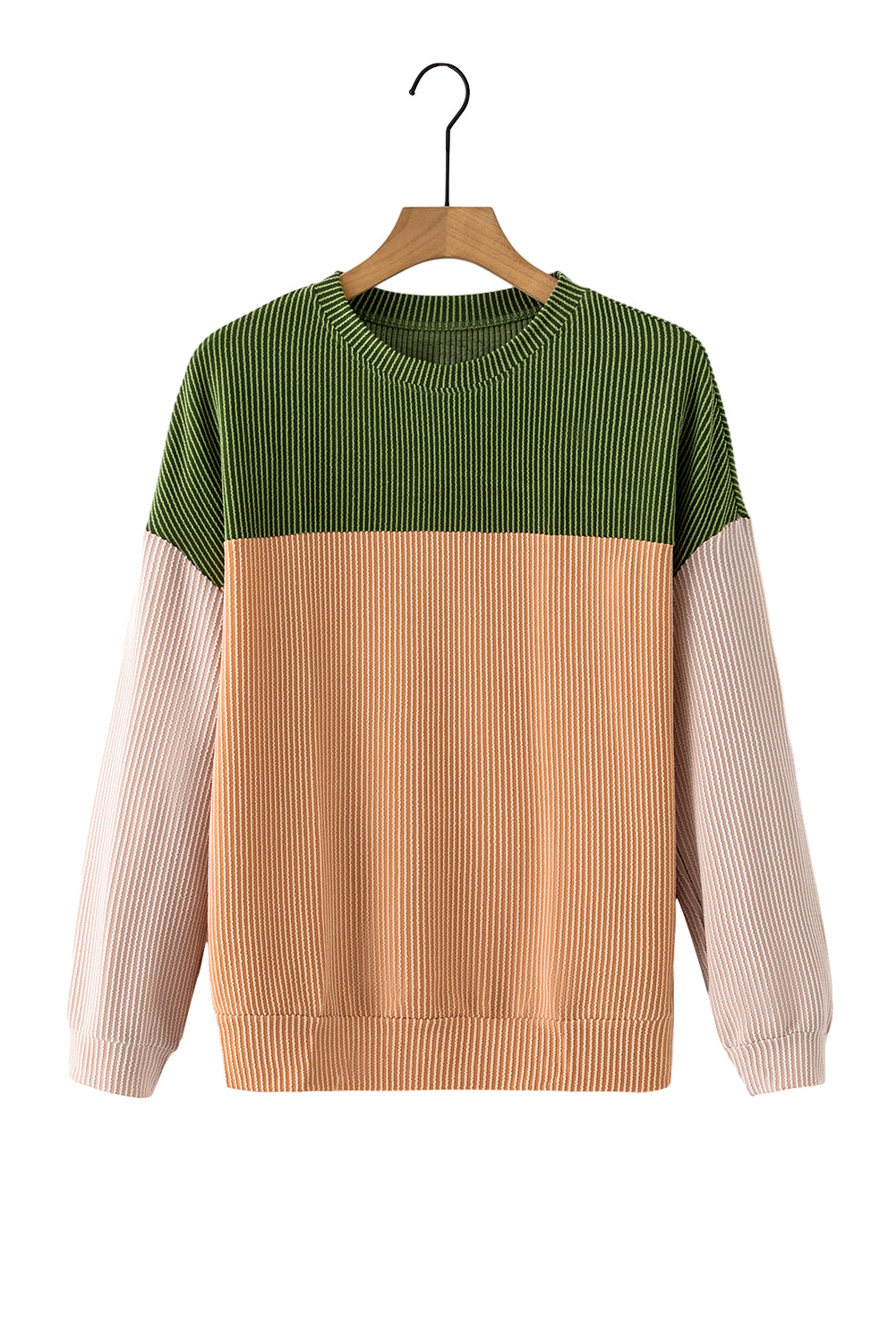 Khaki Color Block Long Sleeve Ribbed Loose Top