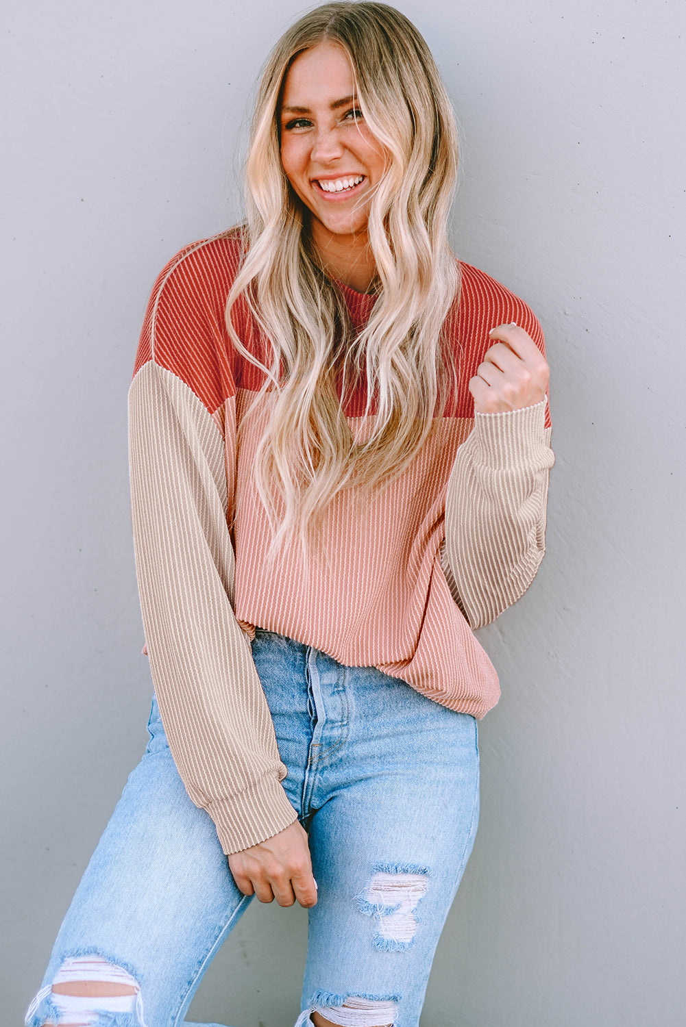 Khaki Color Block Long Sleeve Ribbed Loose Top