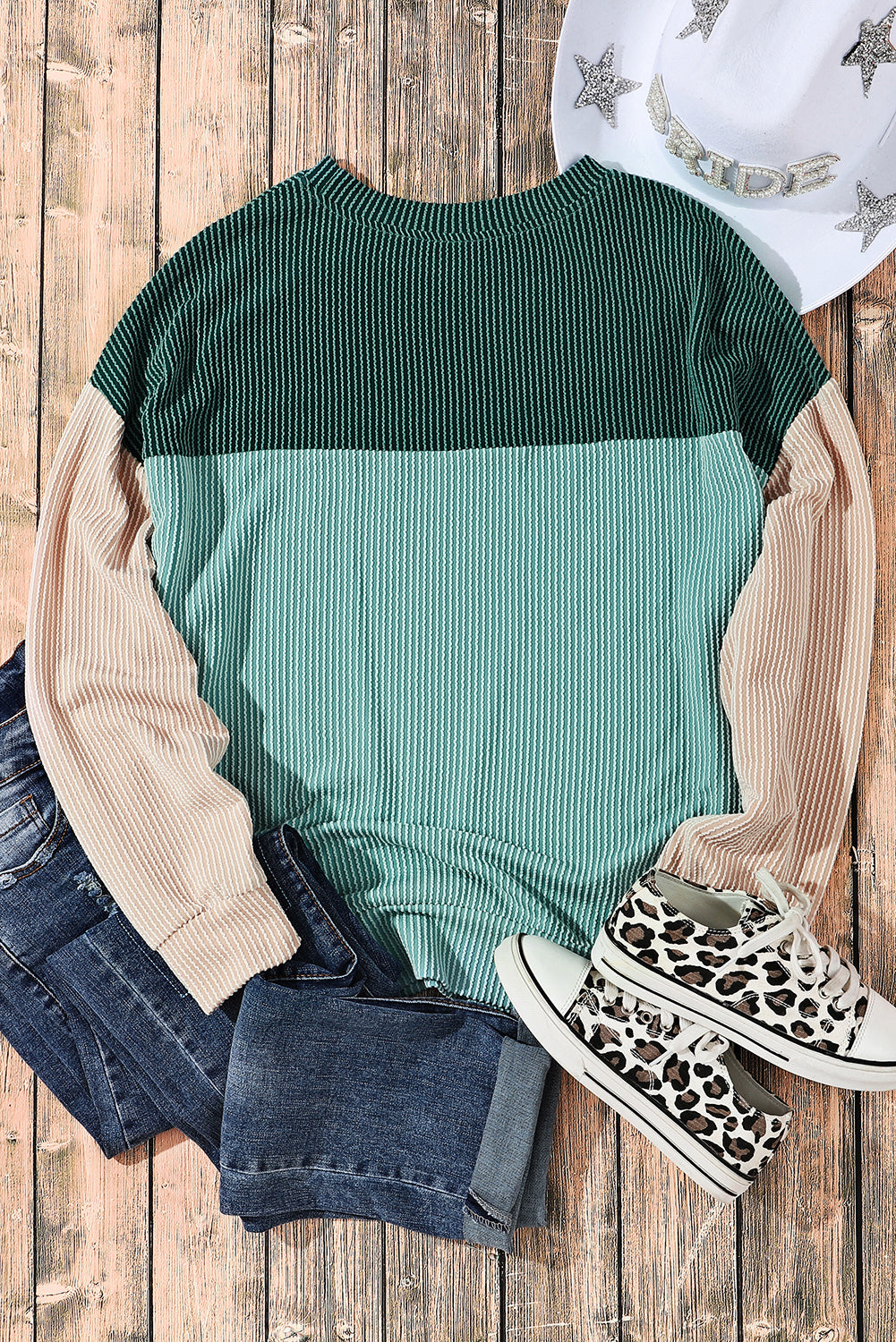 Khaki Color Block Long Sleeve Ribbed Loose Top