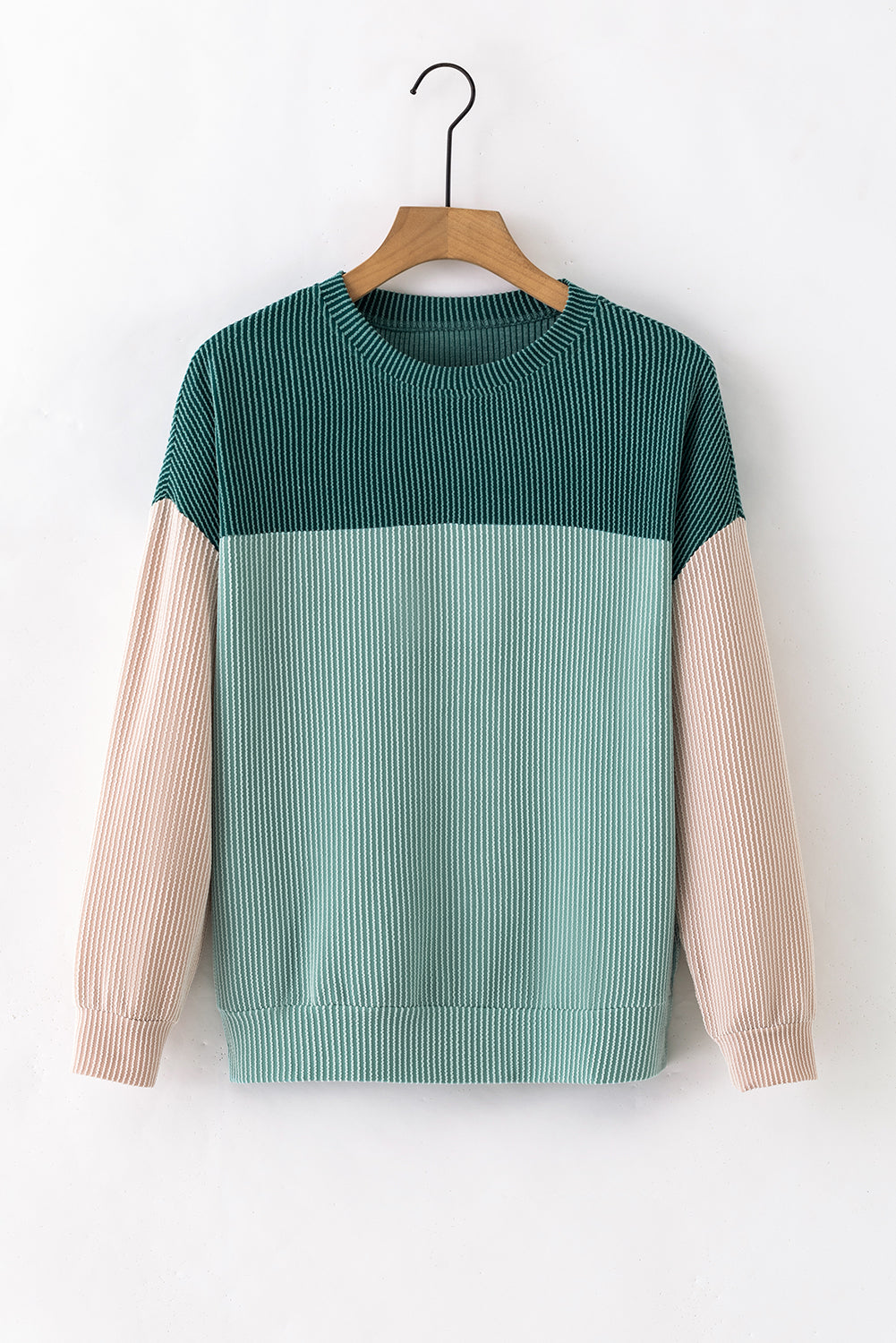 Khaki Color Block Long Sleeve Ribbed Loose Top
