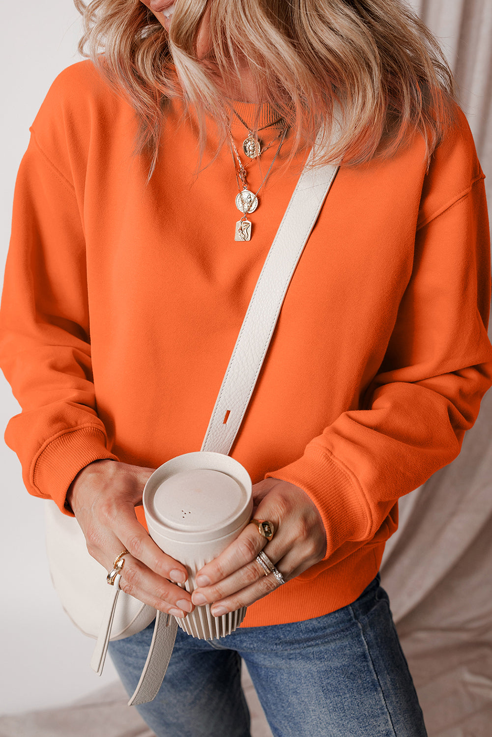 Gray Solid Fleece Lined Drop Shoulder Terry Sweatshirt