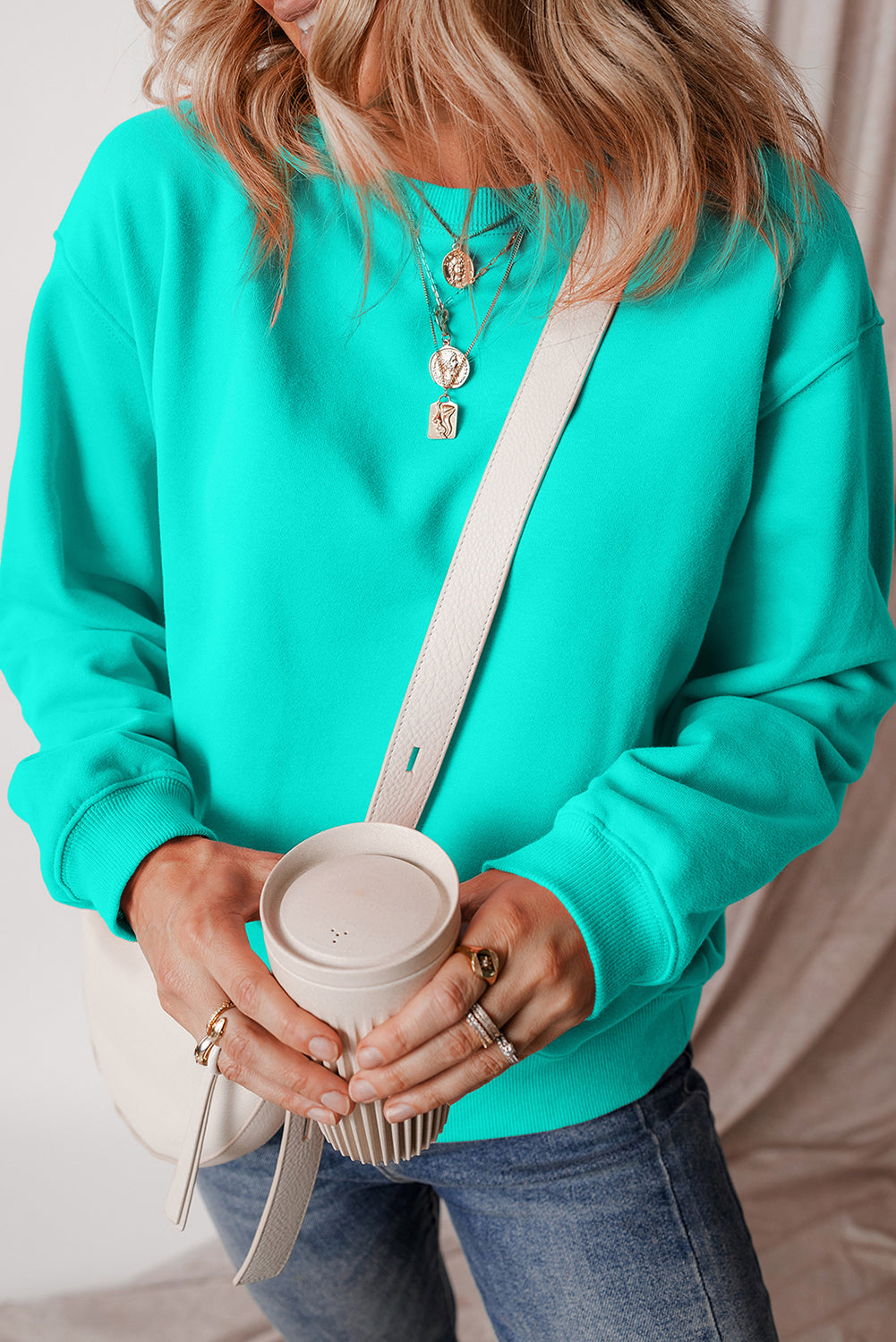 Gray Solid Fleece Lined Drop Shoulder Terry Sweatshirt