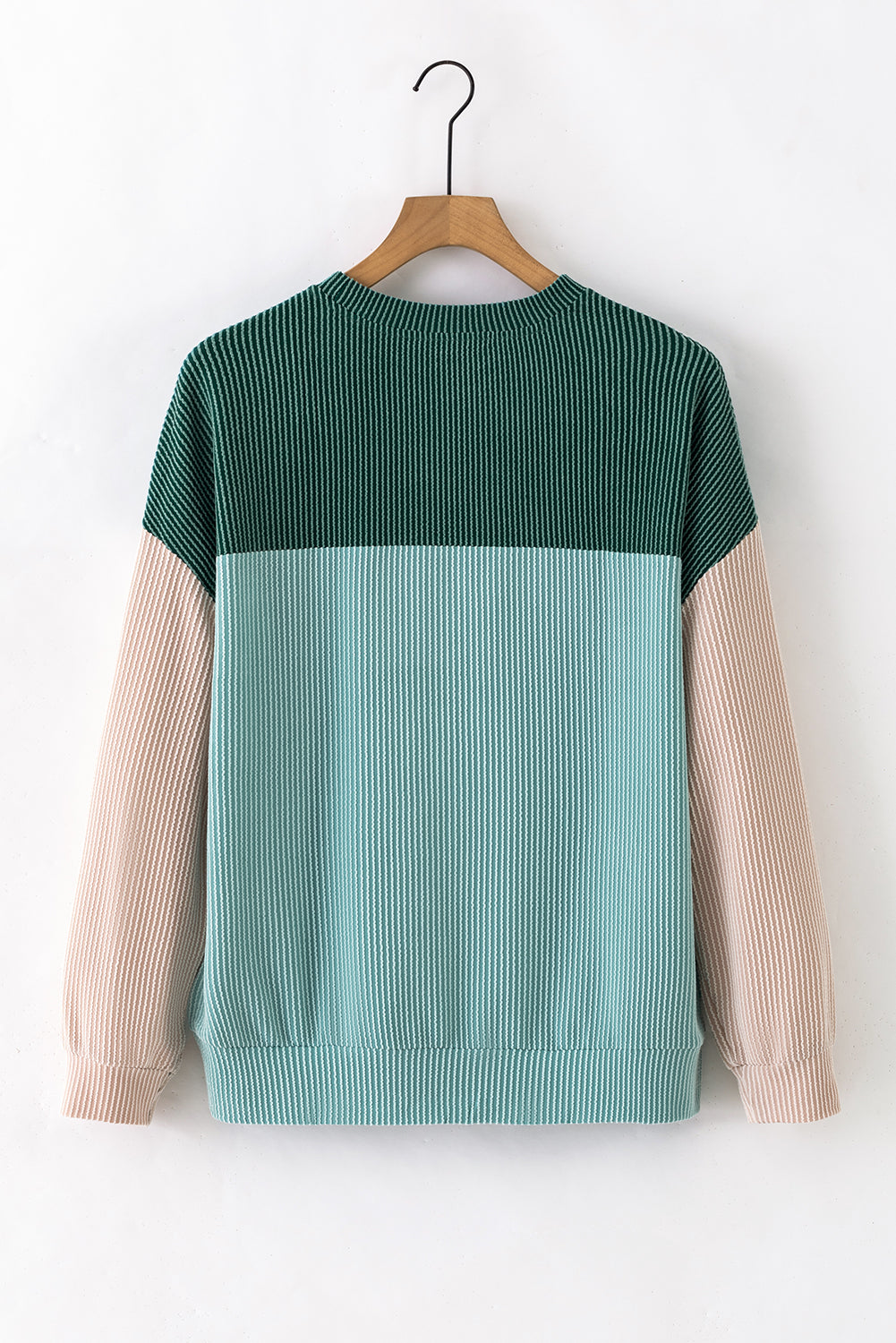 Khaki Color Block Long Sleeve Ribbed Loose Top