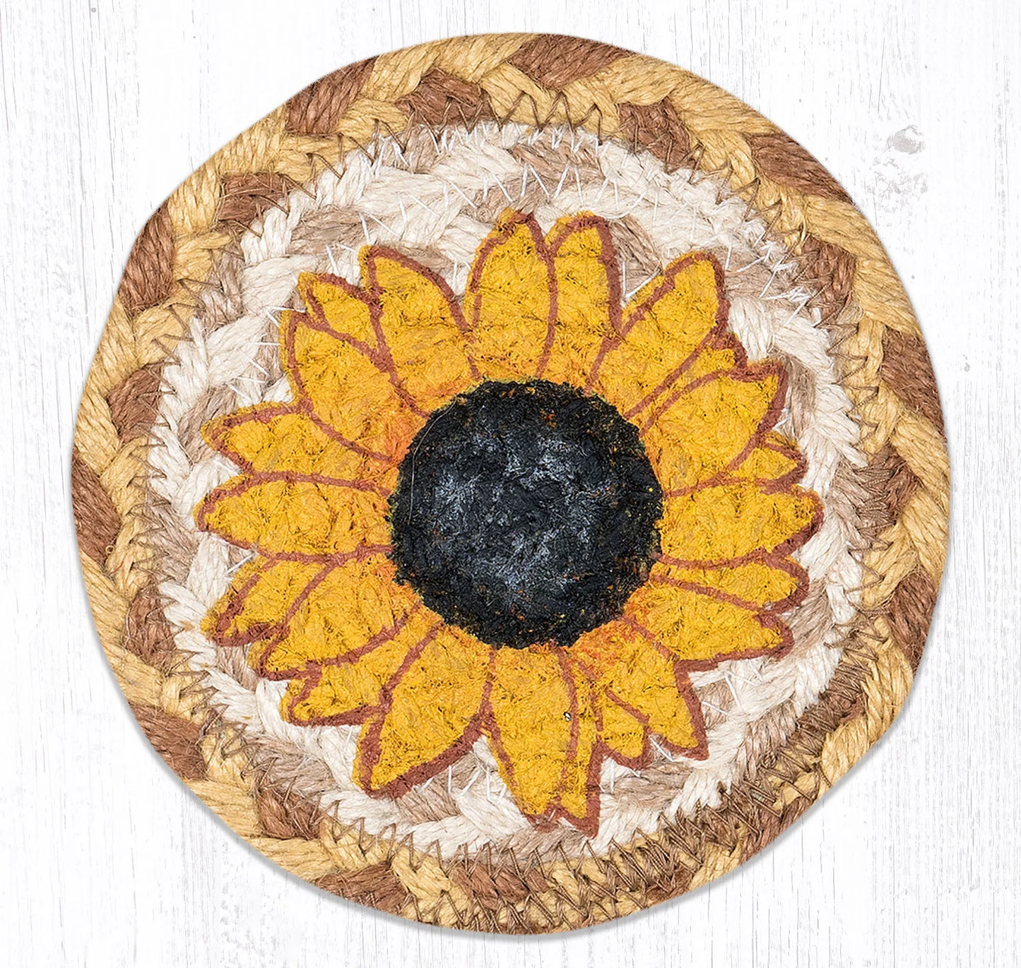 5" Round Hand Stenciled Coaster with Sunflower Design