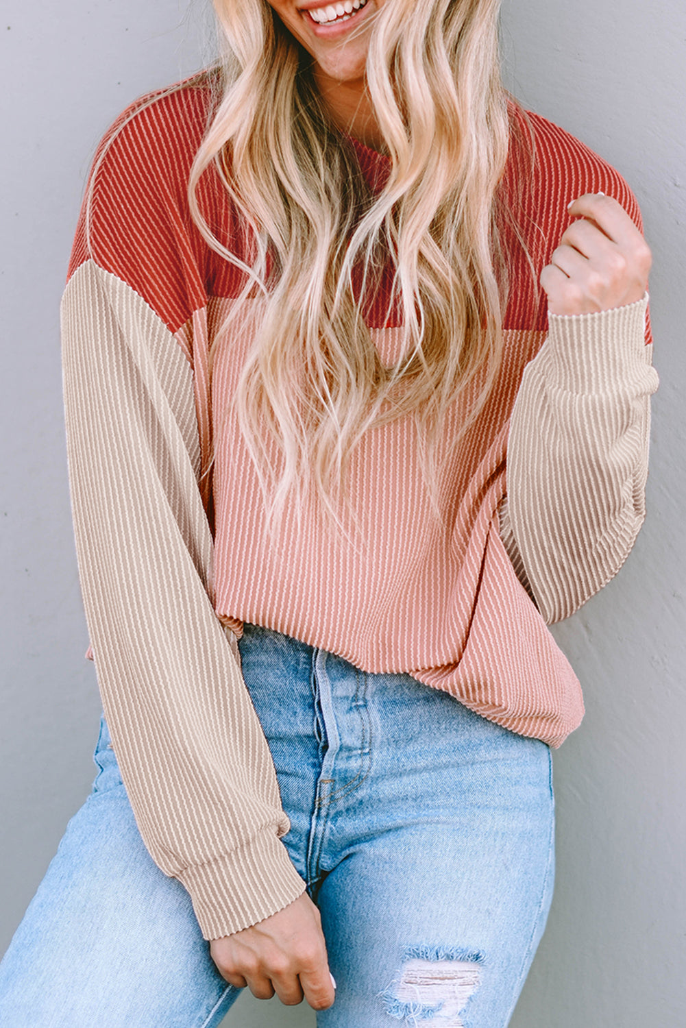 Khaki Color Block Long Sleeve Ribbed Loose Top