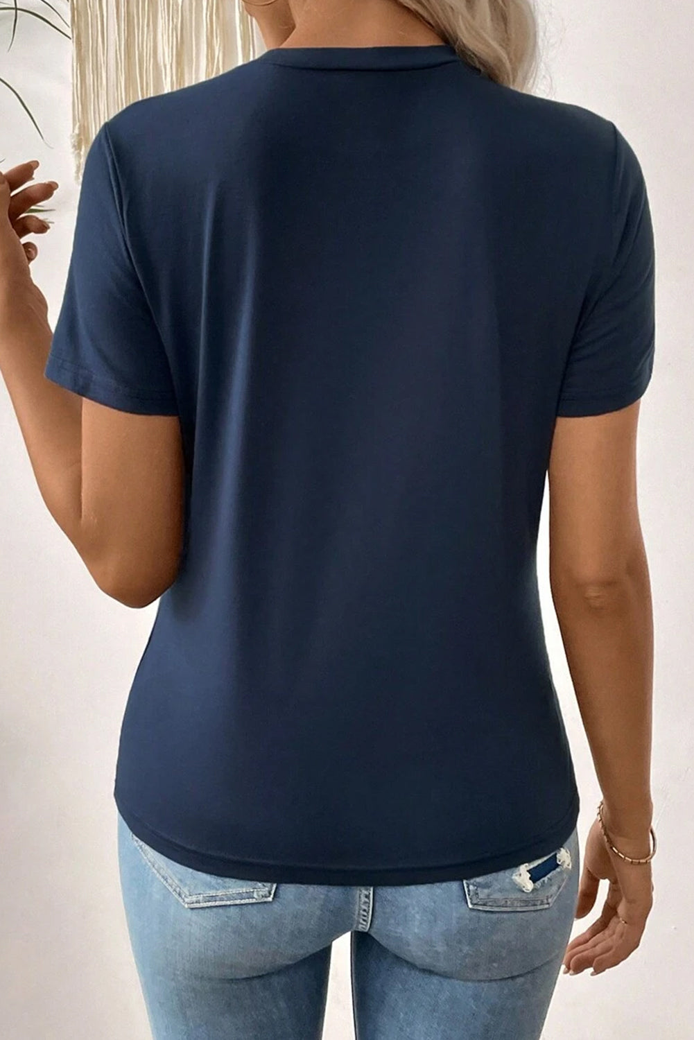 Blue Sapphire Solid Color Toothpick Stripe Round Neck T Shirt