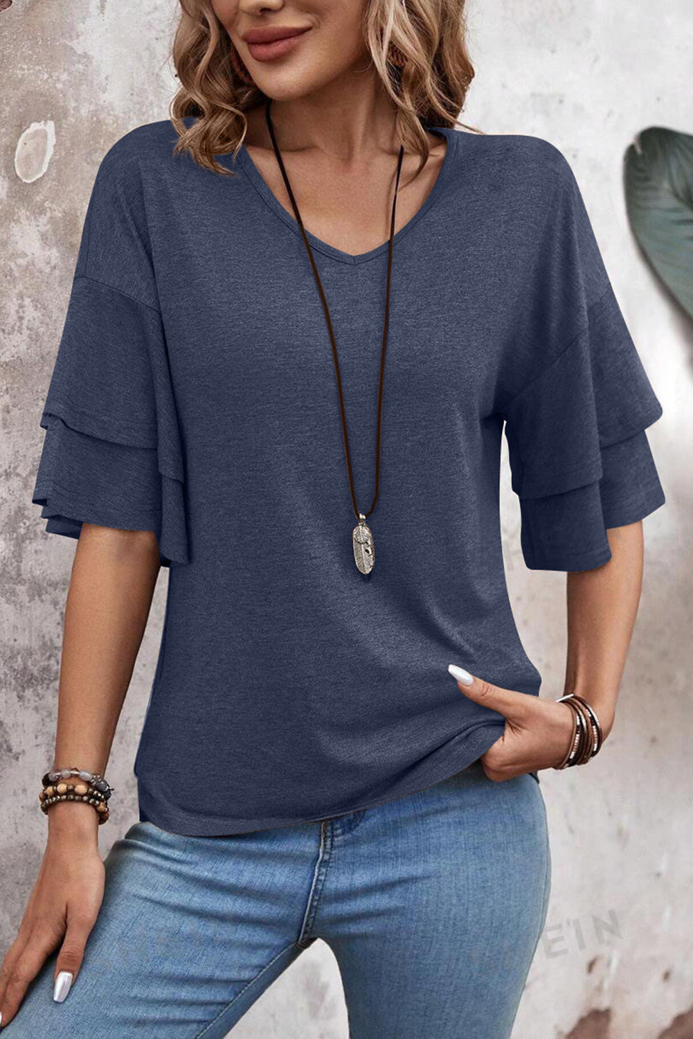 Black Solid Colour V-Neck Double Layer Sleeve Loose T-Shirt