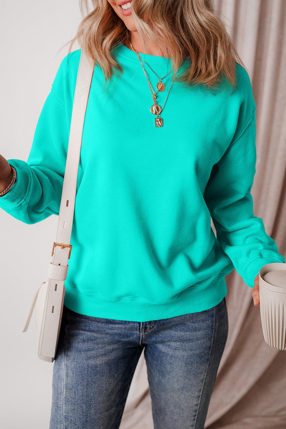 Gray Solid Fleece Lined Drop Shoulder Terry Sweatshirt