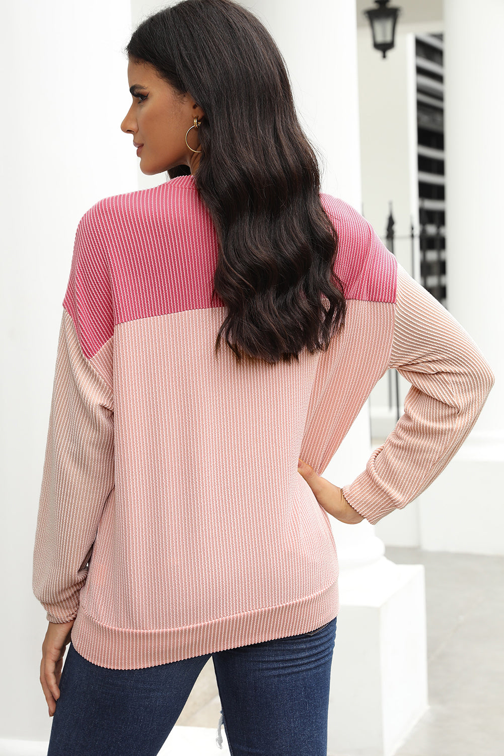 Khaki Color Block Long Sleeve Ribbed Loose Top