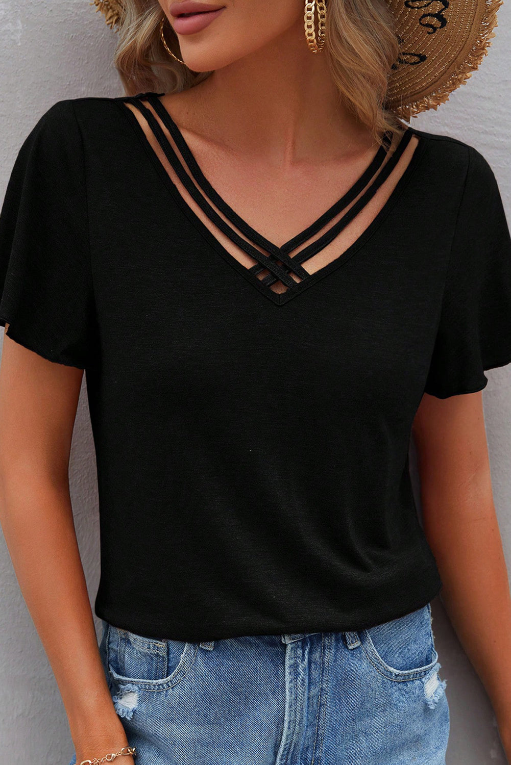Mist Green Crisscross V Neck Butterfly Sleeve T Shirt
