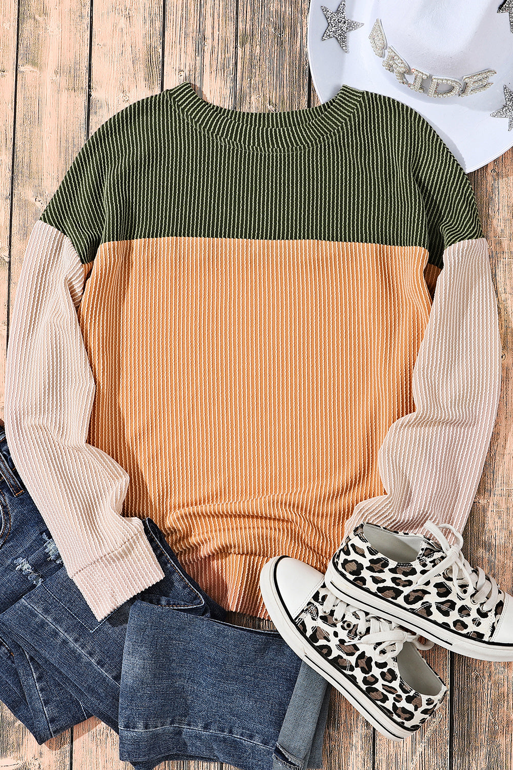 Khaki Color Block Long Sleeve Ribbed Loose Top