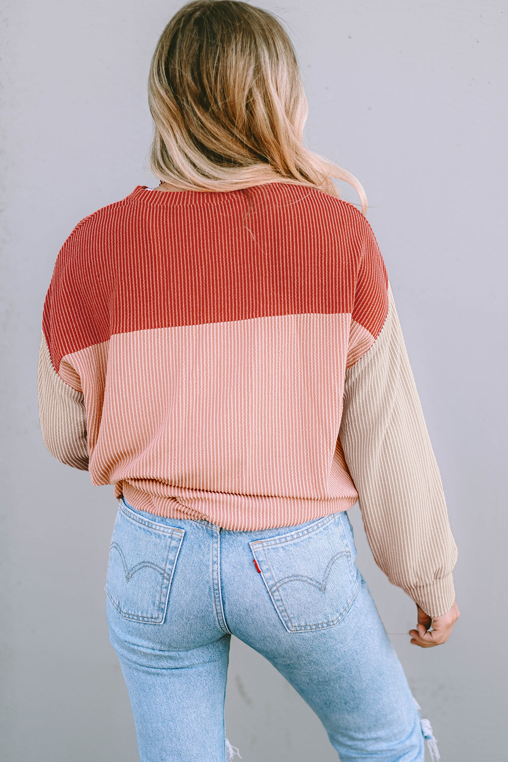 Khaki Color Block Long Sleeve Ribbed Loose Top