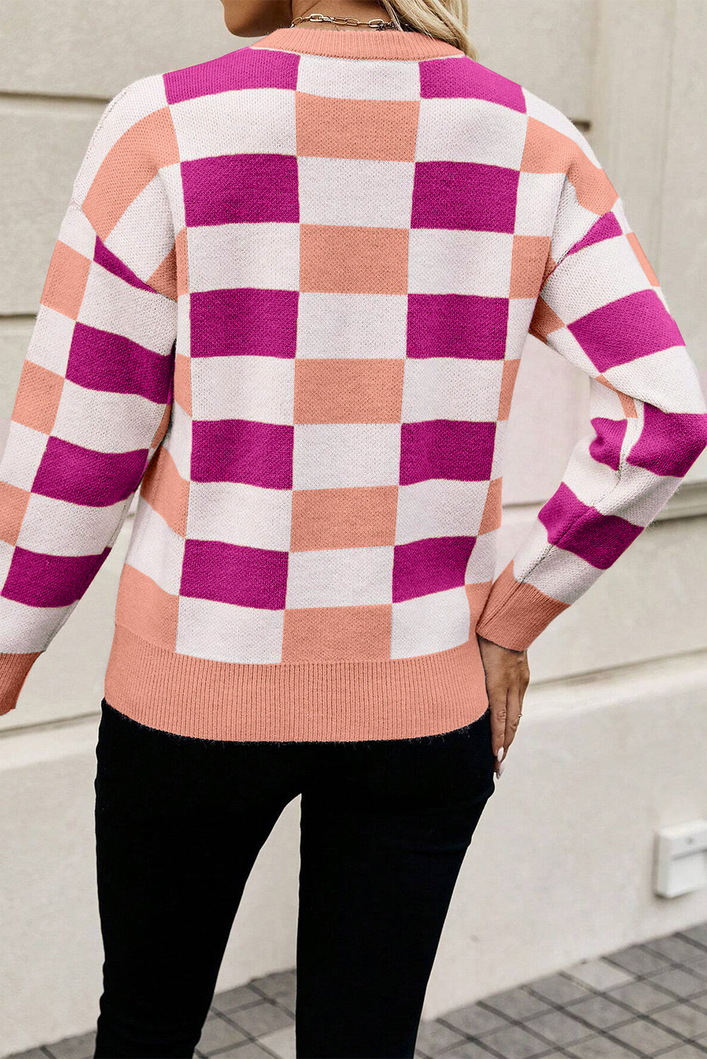 Black Checkered Ribbed Edge O Neck Drop Shoulder Sweater
