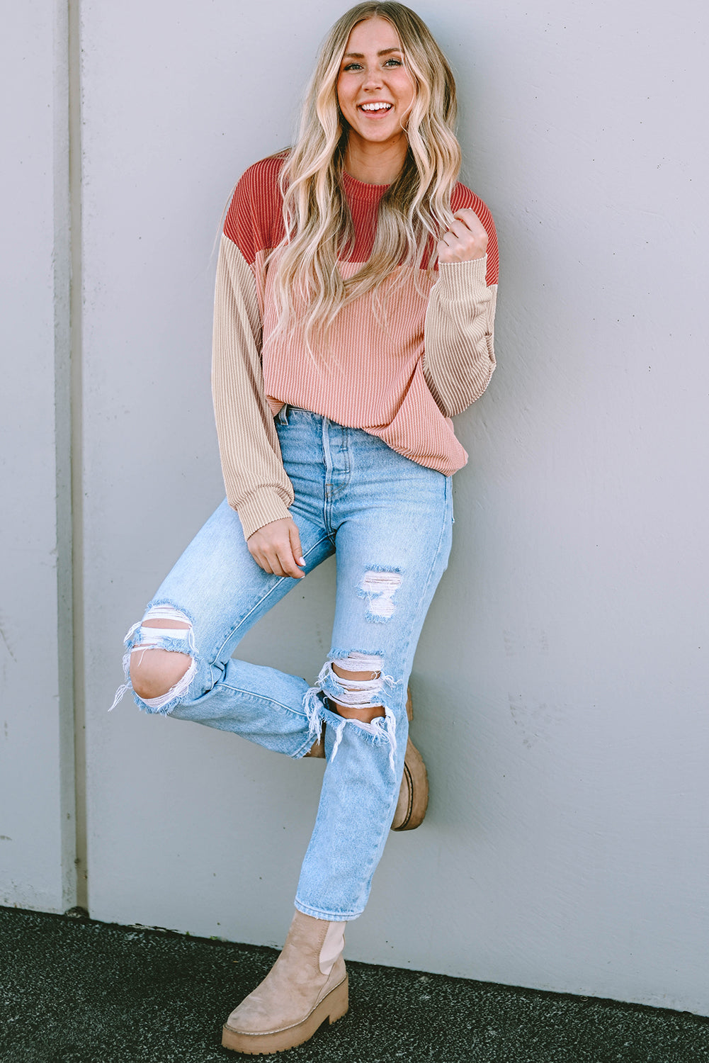 Khaki Color Block Long Sleeve Ribbed Loose Top