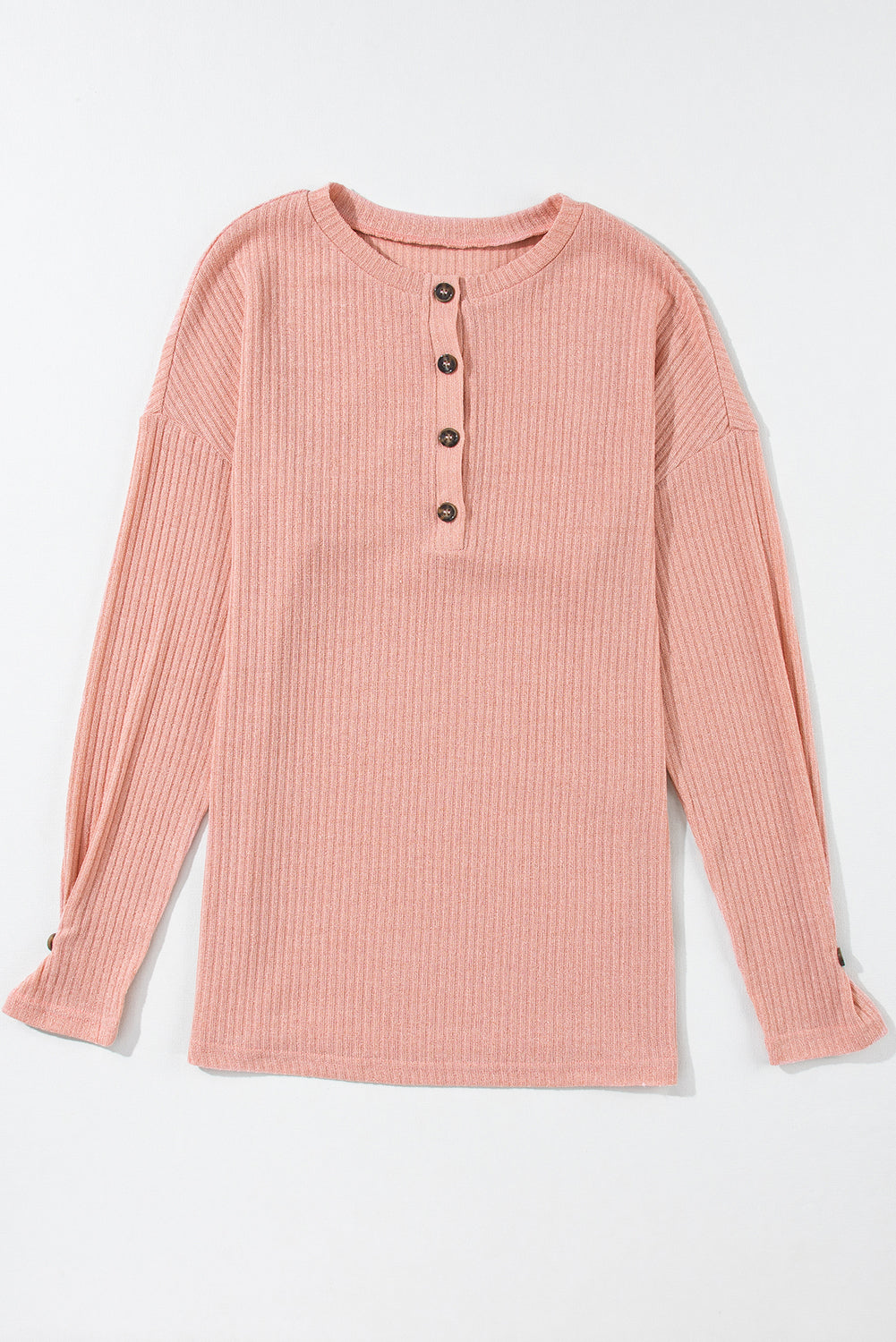Pale Khaki Rib Textured Henley Knit Top