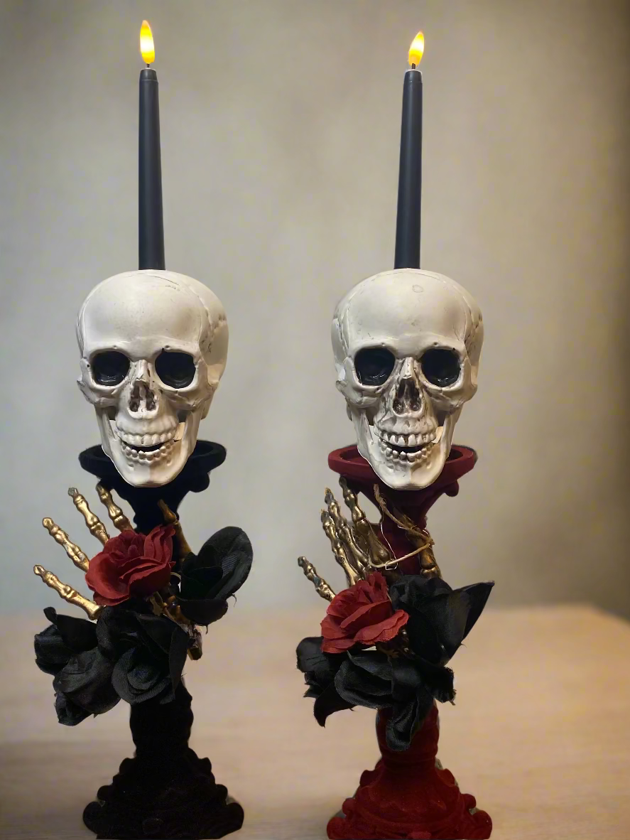 Red and Black velvet skull candlestick set centerpiece