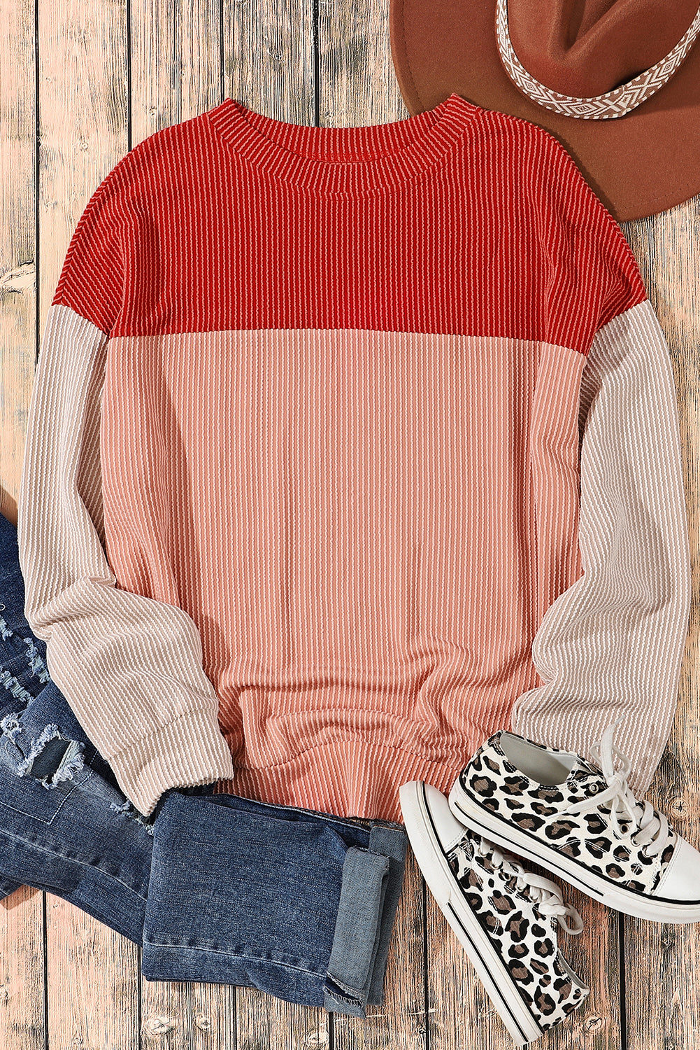Khaki Color Block Long Sleeve Ribbed Loose Top