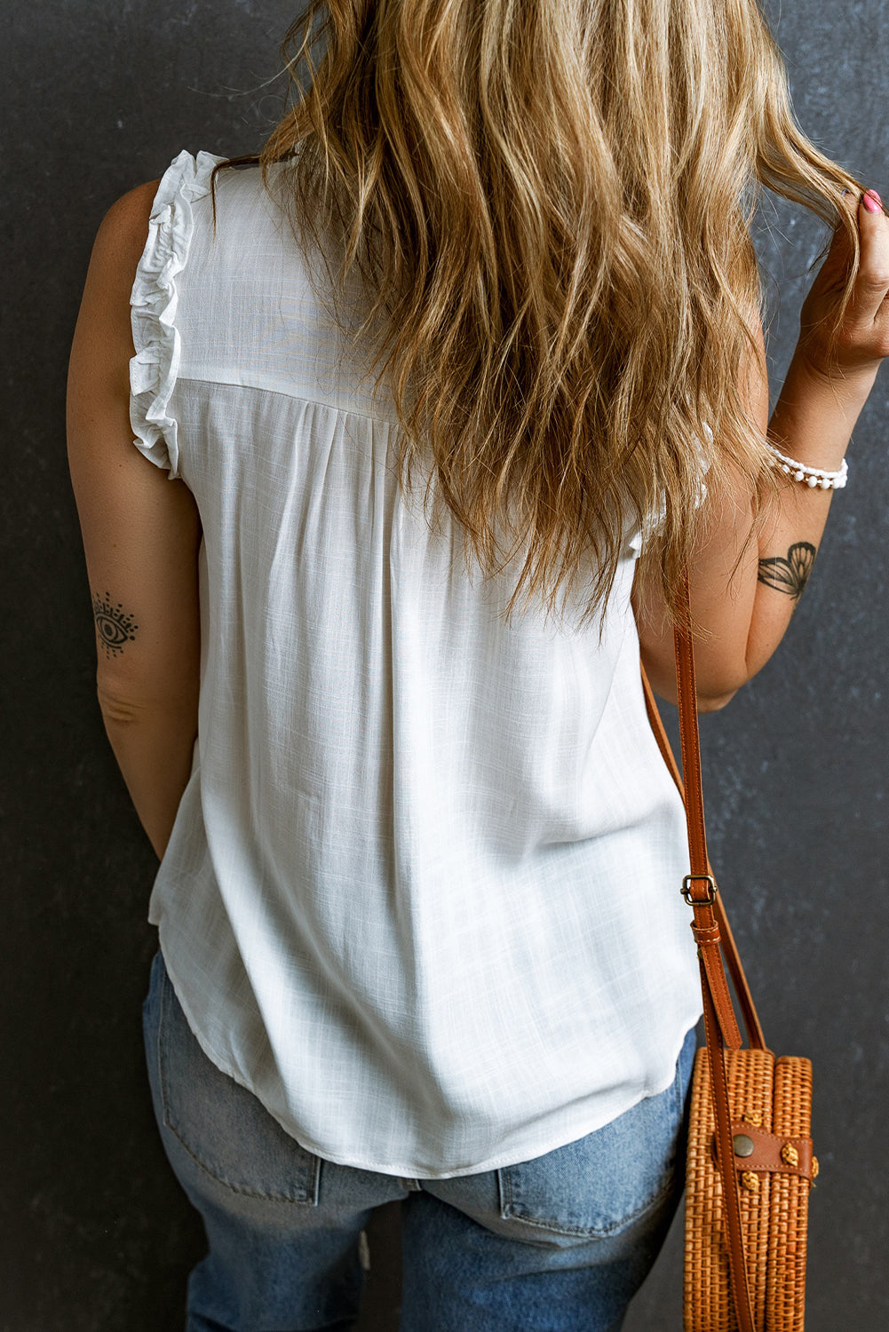 Black Button Split Neck Ruffled Trim Tank Top