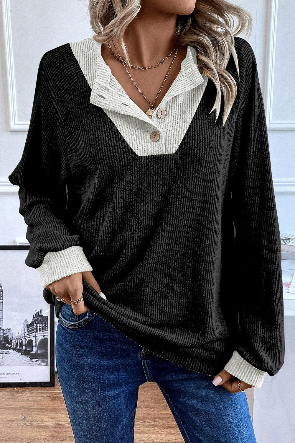 Jet Stream Color Contrast Ribbed Loose Fit Long Sleeve Top